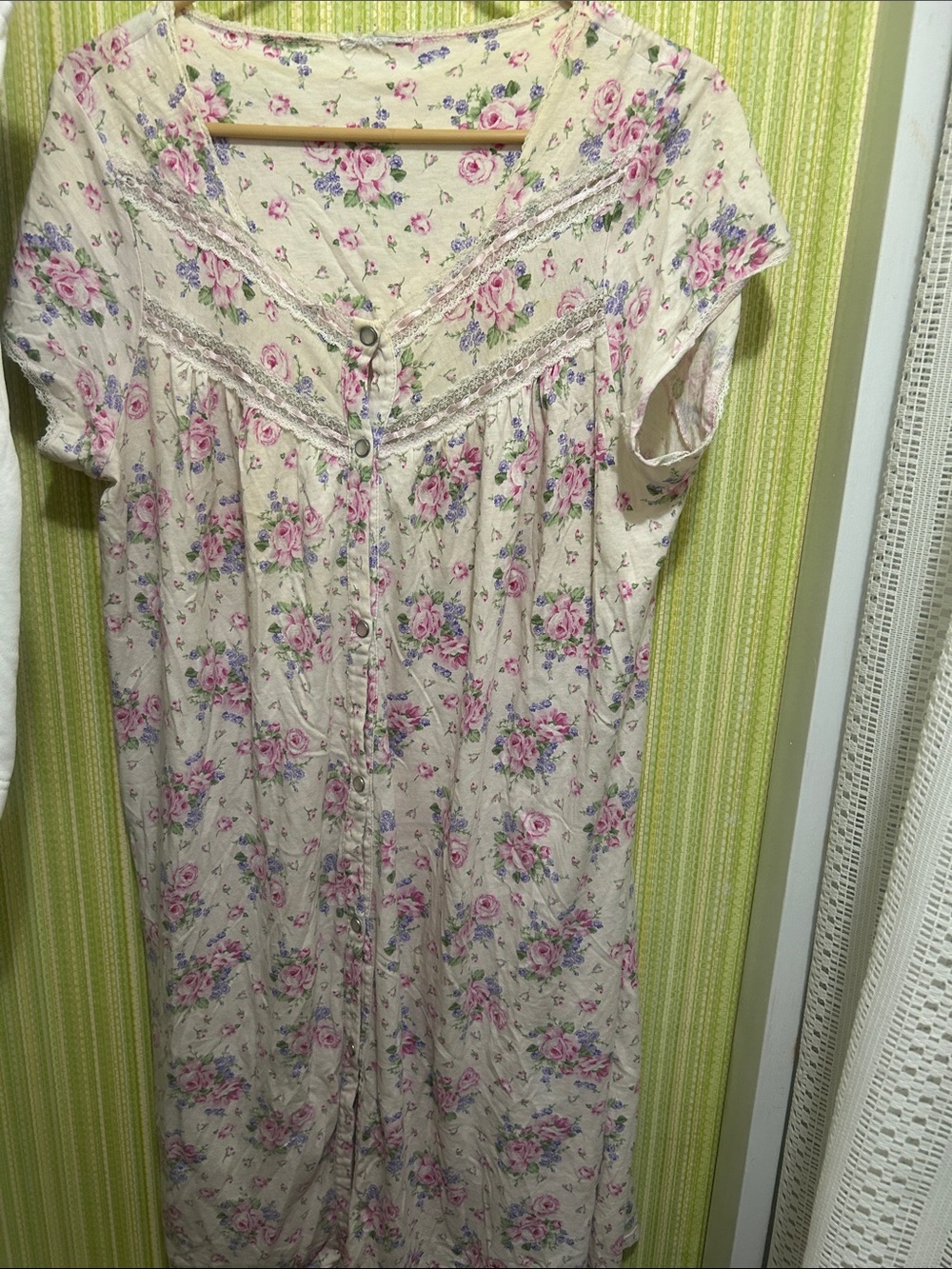 Floral Lace-Trim Nightgown Dress - Cream with Pink Roses